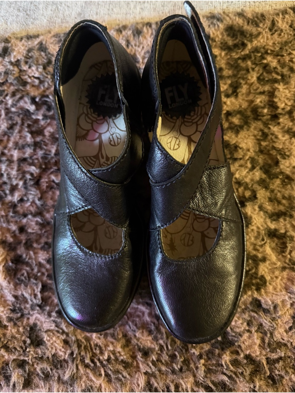 Fly London Black Leather Mary Jane Strap Shoes
